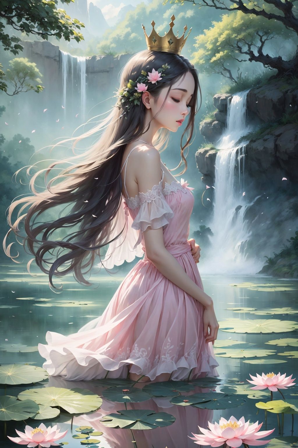  Best quality,8k,1girl, long hair, flower, dress, black hair, solo, water, pink dress, lily pad, outdoors, profile, crown, bare shoulders, from side, nature, closed eyes, lotus, hair ornament, tree, scenery, waterfall, lake