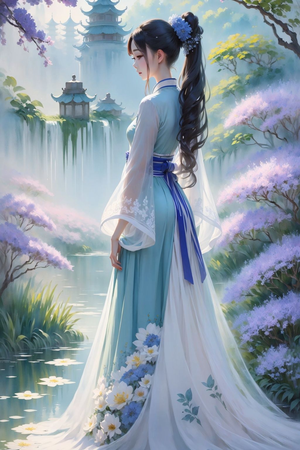  Best quality,8k,1girl, solo, ponytail, flower, long hair, dress, black hair, painting (medium), standing, long sleeves, full body, blue flower, profile, traditional media, outdoors, sash, blue dress, wide sleeves, chinese clothes, day, watercolor (medium)