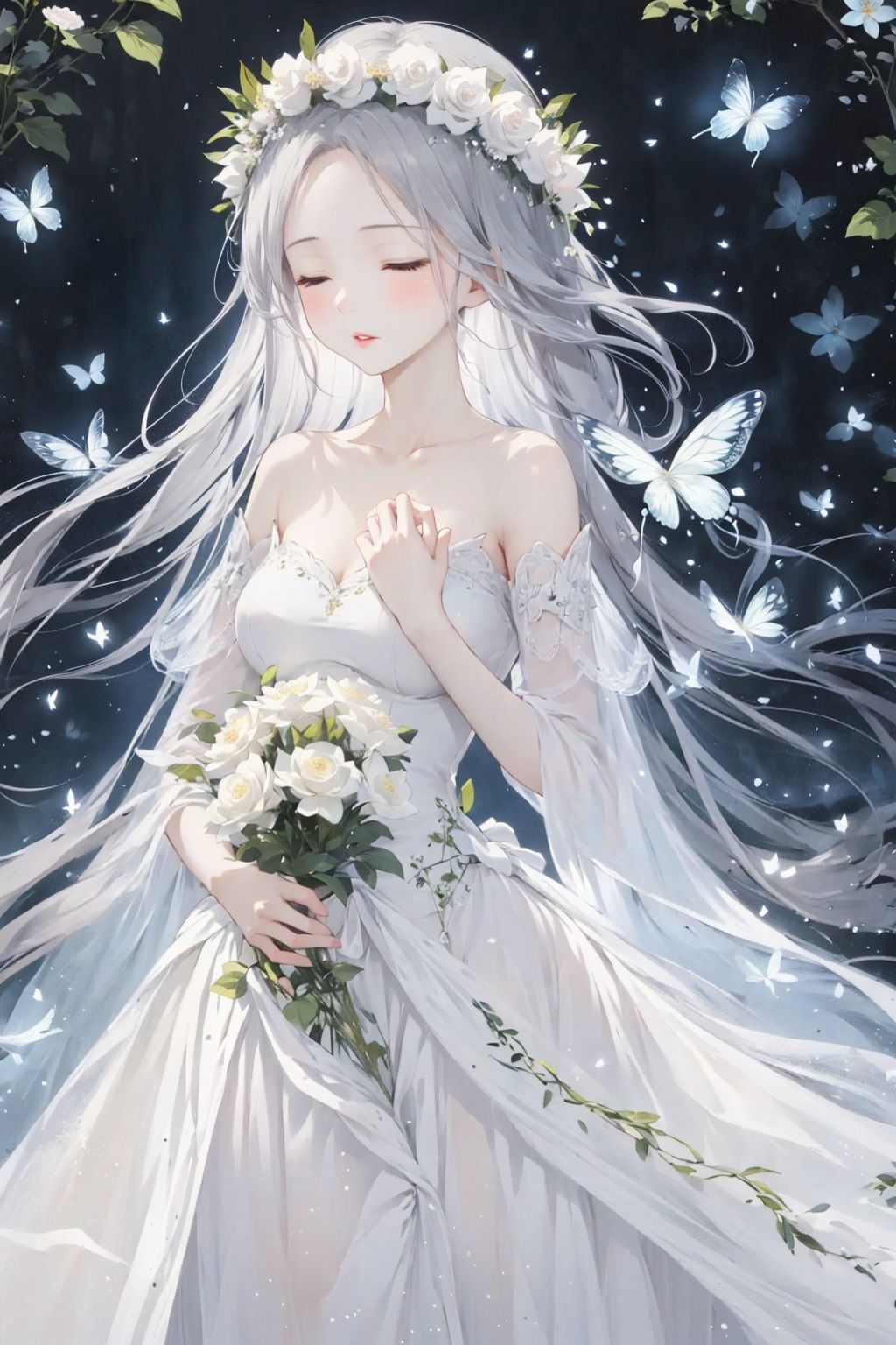  Best quality,8k,1girl, long hair, solo, dress, bug, butterfly, closed eyes, flower, white dress, hair ornament, head wreath, grey hair, bare shoulders, hair flower, hand on own chest, very long hair, white butterfly, standing, red lips, lips