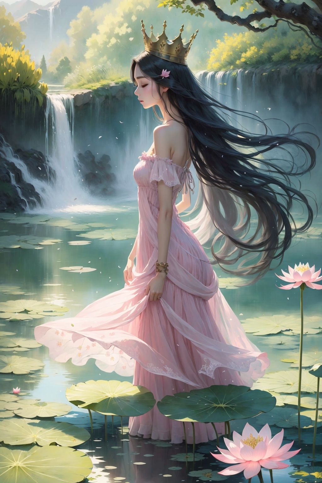  Best quality,8k,1girl, long hair, flower, dress, black hair, solo, water, pink dress, lily pad, outdoors, profile, crown, bare shoulders, from side, nature, closed eyes, lotus, hair ornament, tree, scenery, waterfall, lake