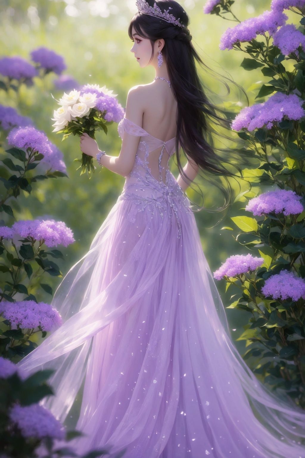  Best quality,8k,1girl, flower, dress, solo, holding flower, jewelry, long hair, purple dress, earrings, hair ornament, holding, black hair, necklace, tiara, bare shoulders, standing, hair flower, from behind