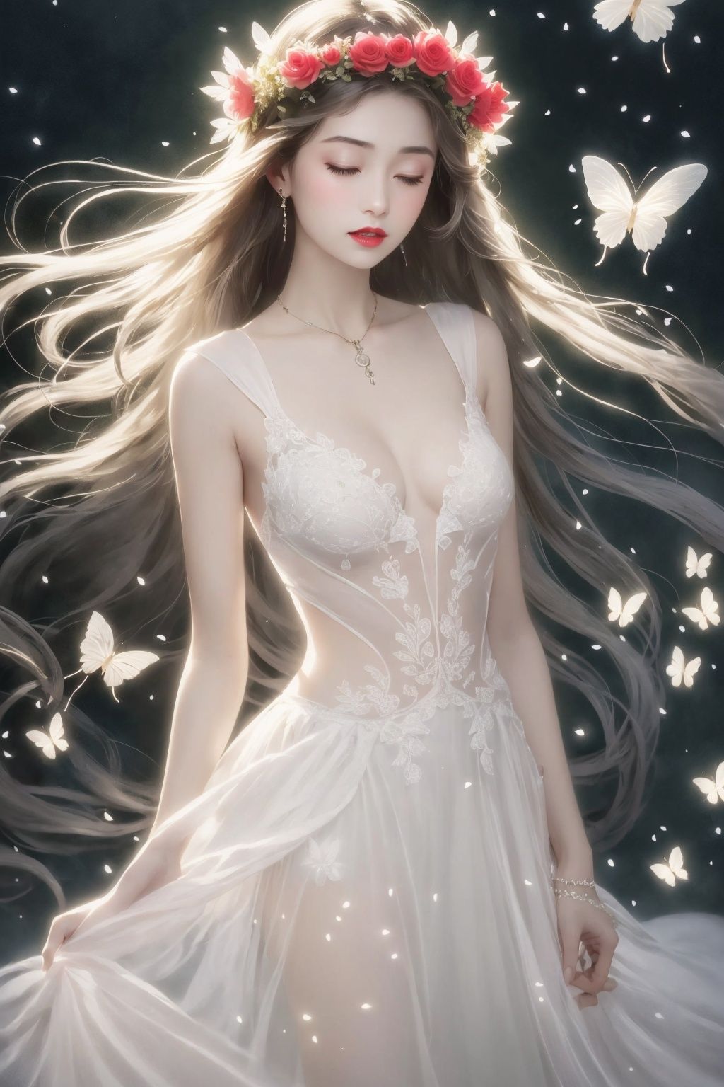  Best quality,8k,1girl, long hair, solo, dress, bug, butterfly, closed eyes, flower, white dress, hair ornament, head wreath, grey hair, bare shoulders, hair flower, hand on own chest, very long hair, white butterfly, standing, red lips, lips