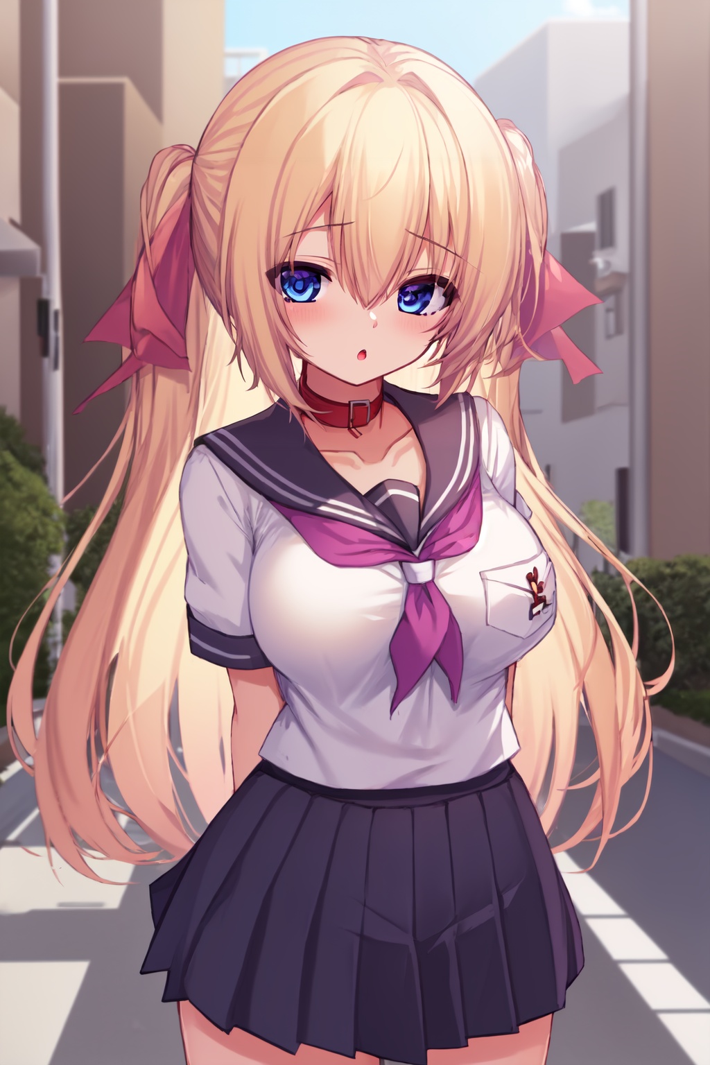 1girl twintails solo blonde-hair blue-eyes school-uniform long-hair skirt serafuku outdoors looking-at-viewer pleated-skir...