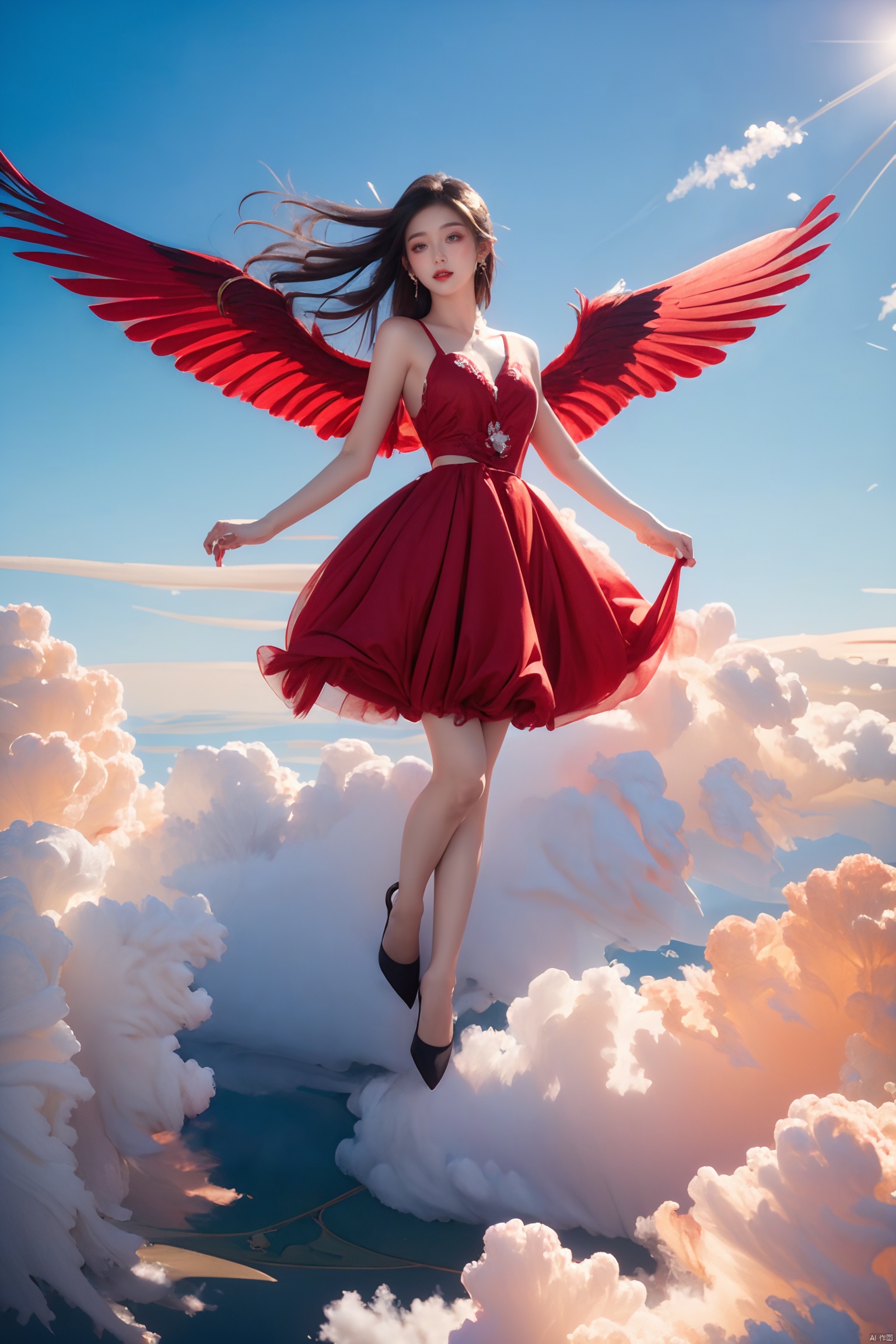  1girl, red dress, angel wings,red wings, blue sky and white clouds,Flying, High in the air,half body