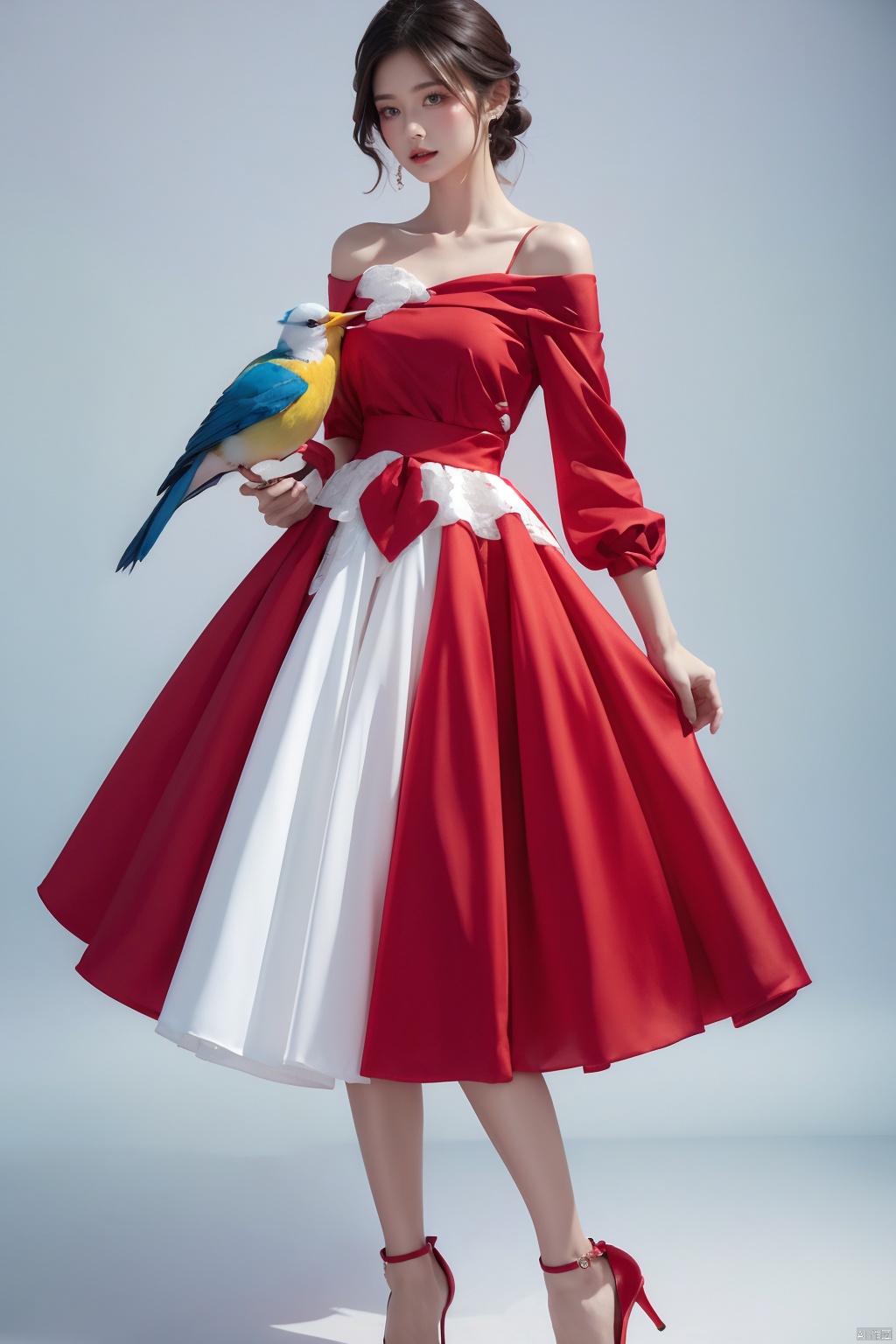  a woman wearing a blue and red dress with a white bird on her shoulder,1girl,