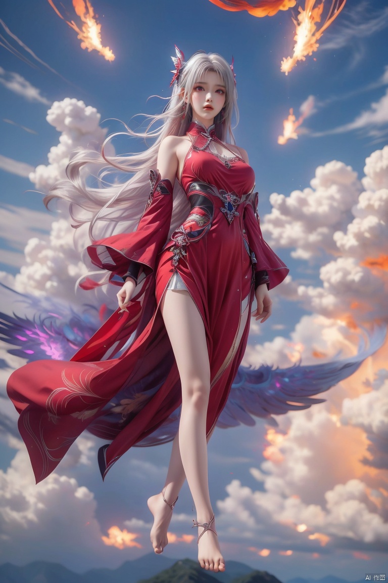  1girl, 
(red fire,magic),(glowing eyes:1.3), 
chest,electricity, lightning,
white magic, aura,,
Front view,air,cloud,
backlight,looking at viewer,,white hair
very long hair,hair flowe
 meidusha,
full_body,(bare feet,:1.2)(flying in the sky:1.6),(Stepping on the clouds:1.2),(Red Angel Wings:1.2), wings, tiandunv