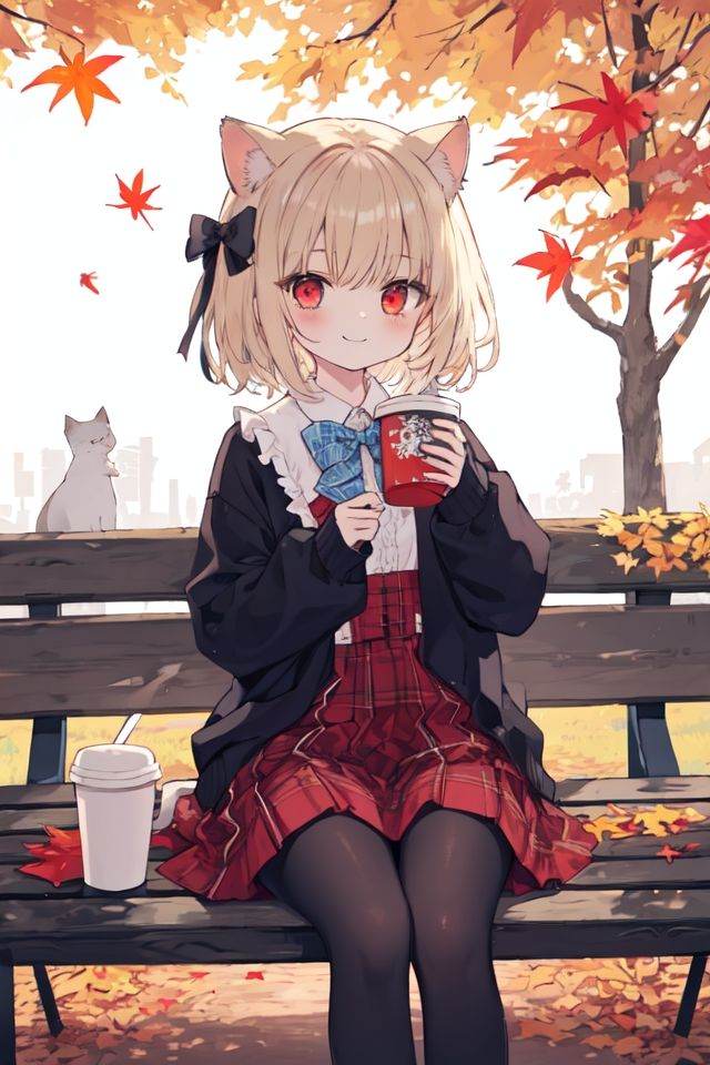 heterochromia, plaid, tree, plaid_bow, cat, bow, 1girl, plaid_skirt, pantyhose, animal, smile, park_bench, animal_ears, cup, blue_eyes, skirt, autumn, red_eyes, plaid_dress, solo, sitting, disposable_cup, plaid_shirt, brown_bow, bench, long_sleeves, shirt, on_bench, autumn_leaves, unmoving_pattern, holding_cup, holding, frills, in_tree, black_cat, black_legwear, squirrel, sleeves_past_wrists, closed_mouth,  <lora:kawaii-000010:0.24>