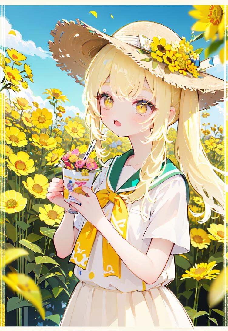 flower in mouth,  yellow eyes,  laughing on Tensor.Art