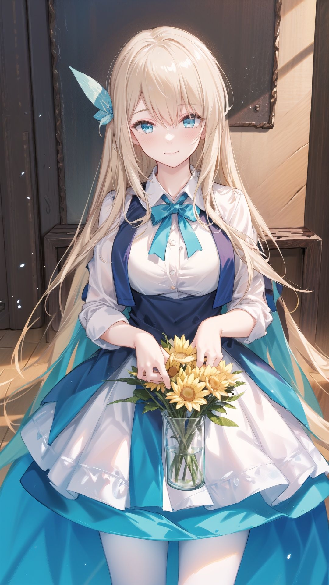  1girl,solo.delicate azure eyes,beautiful detailed face,hair_between_eyes,flaxen long hair,feathers hair ornament,detailed hair;white shirt,slender,medium breasts,perfect female body,light smile friendly,closed mouth,cowboy shot.masterpiece,best quality,highly detailed,8k,masterclass,illustration,amazing,highres,amazing,official art,illustration,perfect lighting,photorealistic.