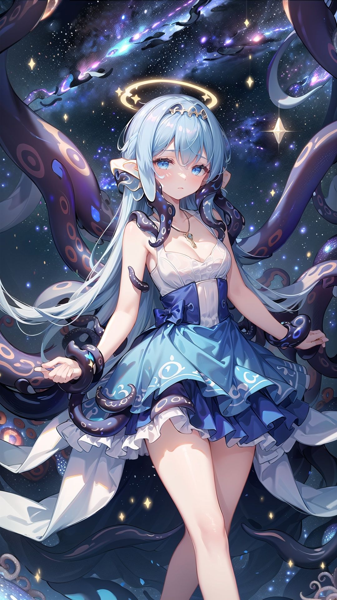  jewelry, necklace, earring, lace, frills, crystal, (translucent layers),
(white-babydoll ruffle-dress sleeveless low-neckline front-tilt:1.2),

1girl,solo,(Dreamlike atmosphere), (Fantasy), (Enchanting), (Magical), (Mystical), (Whimsical), (Ethereal beauty), (Soft lighting), (Glowing), (Flowing dress), (Long hair), (Floral crown), (Feminine), (Serene expression), (Lost in thought), (Nature-inspired), (Fairy tale), (Forest background), (Butterflies), (Fantasy creature), (Enchanted forest)
(blue glowing (galaxy adorns hair tentacles:1.5):1.5), (([(blue tentacles:1.5)|(very long hair:1.0)]):1.25), ((runic alphabet:1.15) adorns giant (glowing:1.35) complicated halo:1.3),
(blue galaxy eyes:1.05), (half-closed eyes:1.2), closed mouth,