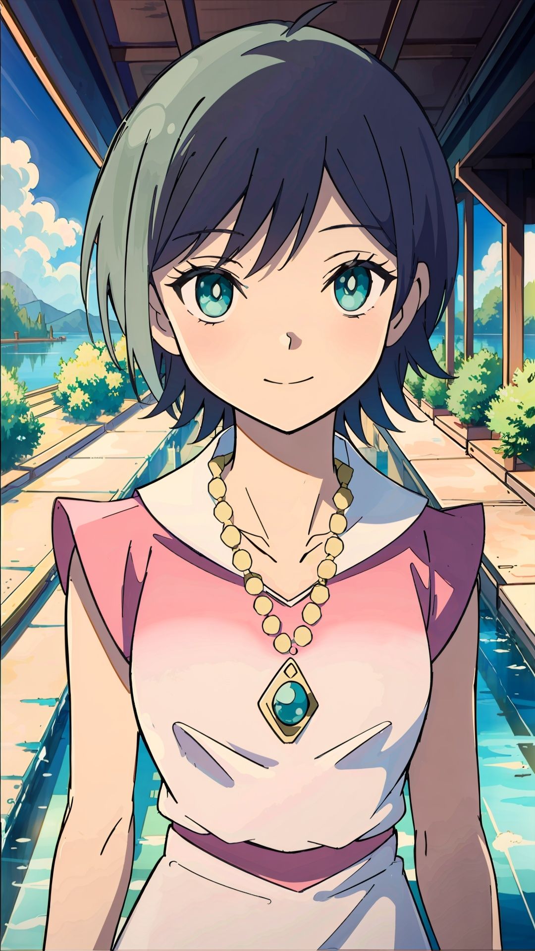  castle, lake,mei ye zi, 1girl, solo, jewelry, necklace, smile, short hair, closed mouth, upper body, green eyes,