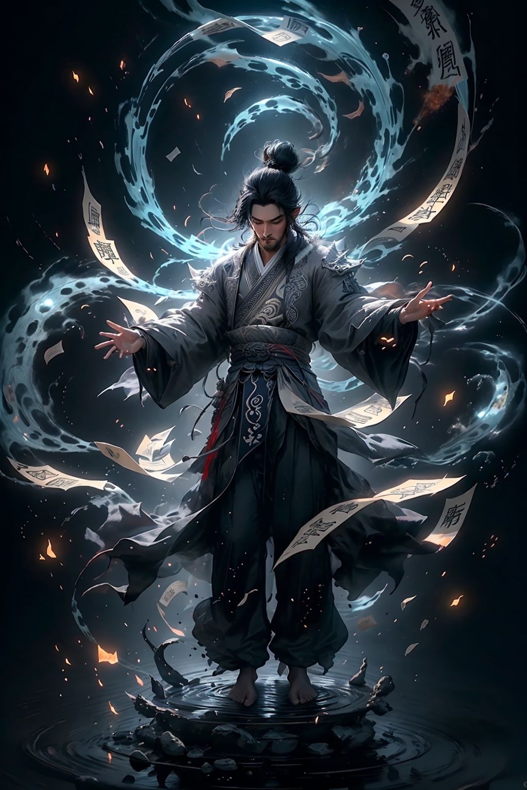 masterpiece,best quality,yiwenrudao\(xiuxian\), solo, 1boy, black hair, male focus, long hair, full body, standing, barefoot, talisman, water, chinese clothes, floating hair, outstretched arms, ponytail, pants, black background, wide sleeves, long sleeves, sash, looking at viewer, paper, wind, glowing, artist name, ofuda, jewelry, light particles, ripples, closed mouth, hair pulled back, floating, facial hair, robe, watermark, black pants, hanfu, fire, smile, signature, hair bun, ribbon, dark background, closed eyes, earrings, floating clothes, standing on liquid, torn clothes, magic, beard, single hair bun, aura, fur trim, spread arms, blue eyes, high ponytail, pointy ears, parted lips, japanese clothes, dated,light effects crackling,special effects,cinematic texture,intense contrast,high resolution,HD,8K,<lora:yiwenrudao-1-000006:0.6>,