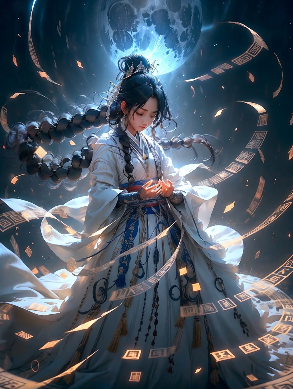 masterpiece,best quality,yiwenrudao\(xiuxian\),1girl,closed eyes,long hair,solo,braid,black hair,hair ornament,moon,chinese clothes,long sleeves,planet,standing,jewelry,very long hair,braided ponytail,dress,ponytail,night,glowing,single braid,hanfu,closed mouth,blue dress,sash,wide sleeves,sky,blue theme,watermark,full moon,backlighting,bangs,necklace,night sky,sidelocks,floating,copyright name,ribbon,artist name,earth \(planet\),blue background,star \(sky\),hands up,light,space,robe,tassel,floating hair,ofuda,white dress,smile,special effects,cinematic texture,intense contrast,high resolution,HD,8K,<lora:yiwenrudao-1-000006:0.6>,