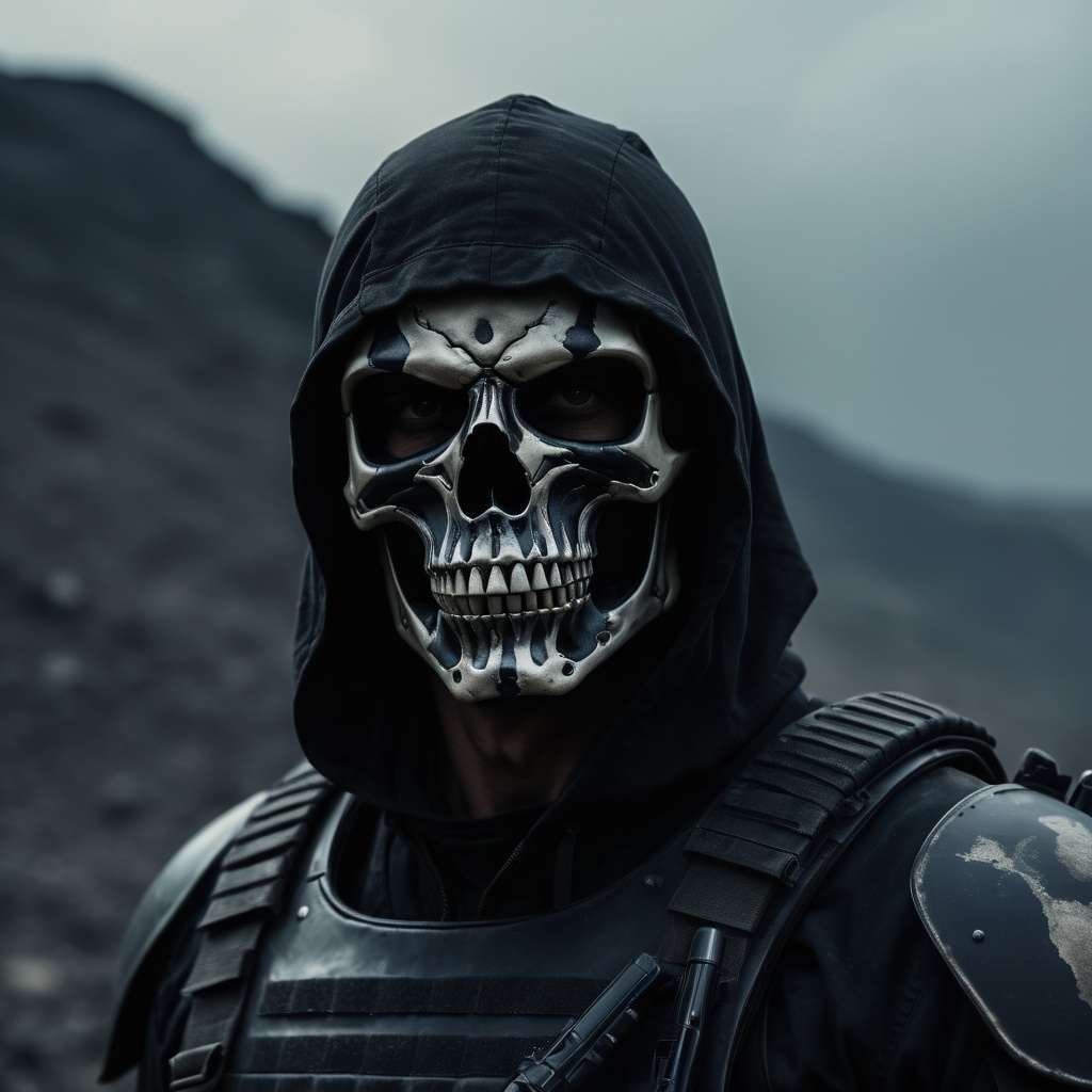 cinematic moviemaker style,  Dark soldier wearing a skull mask without jaw,  distant view on Tensor.Art
