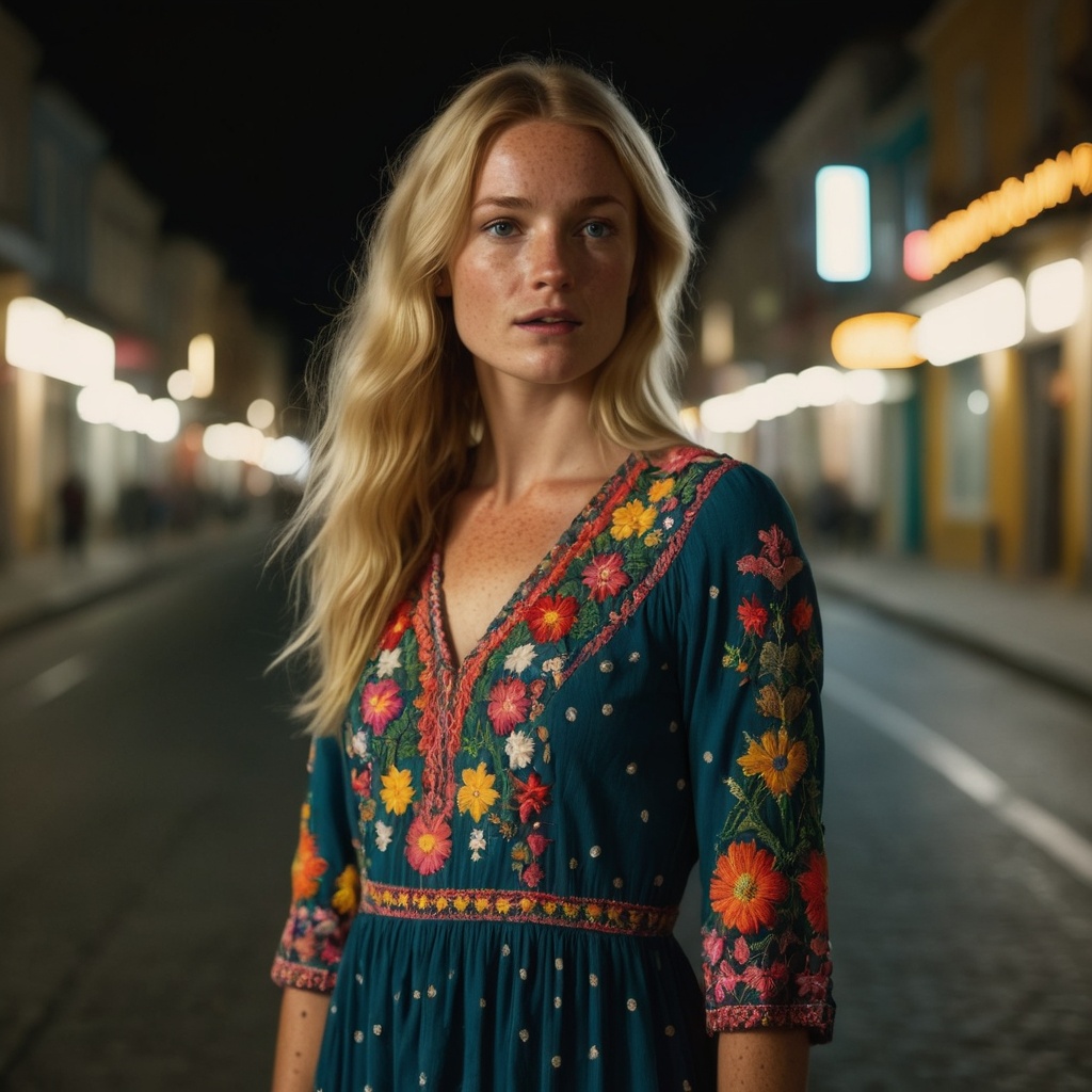 cinematic moviemaker style,  Beautiful blonde woman with freckles,  wearing a colorful on Tensor.Art