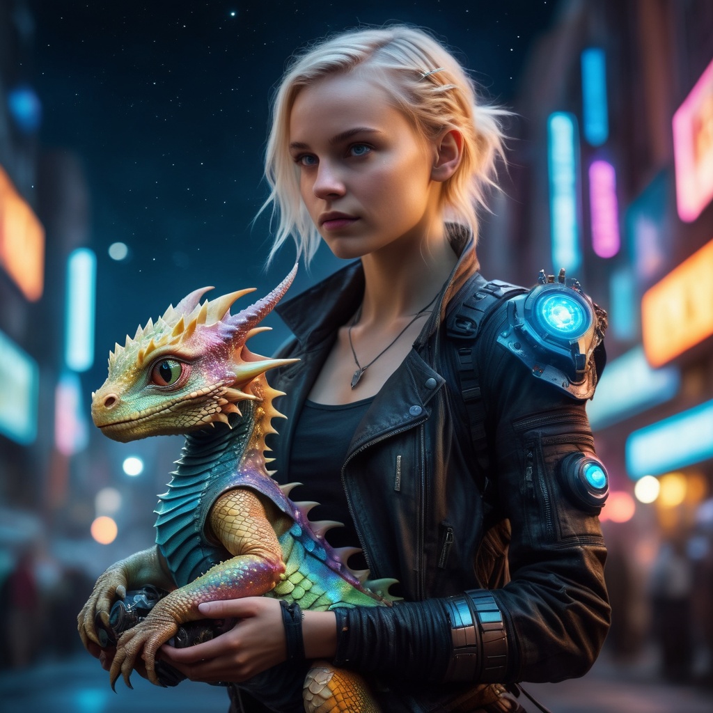 cinematic moviemaker style,  Cute young blonde headed cyberpunk girl holding her multicolored baby dragon,  fantasy on Ten...