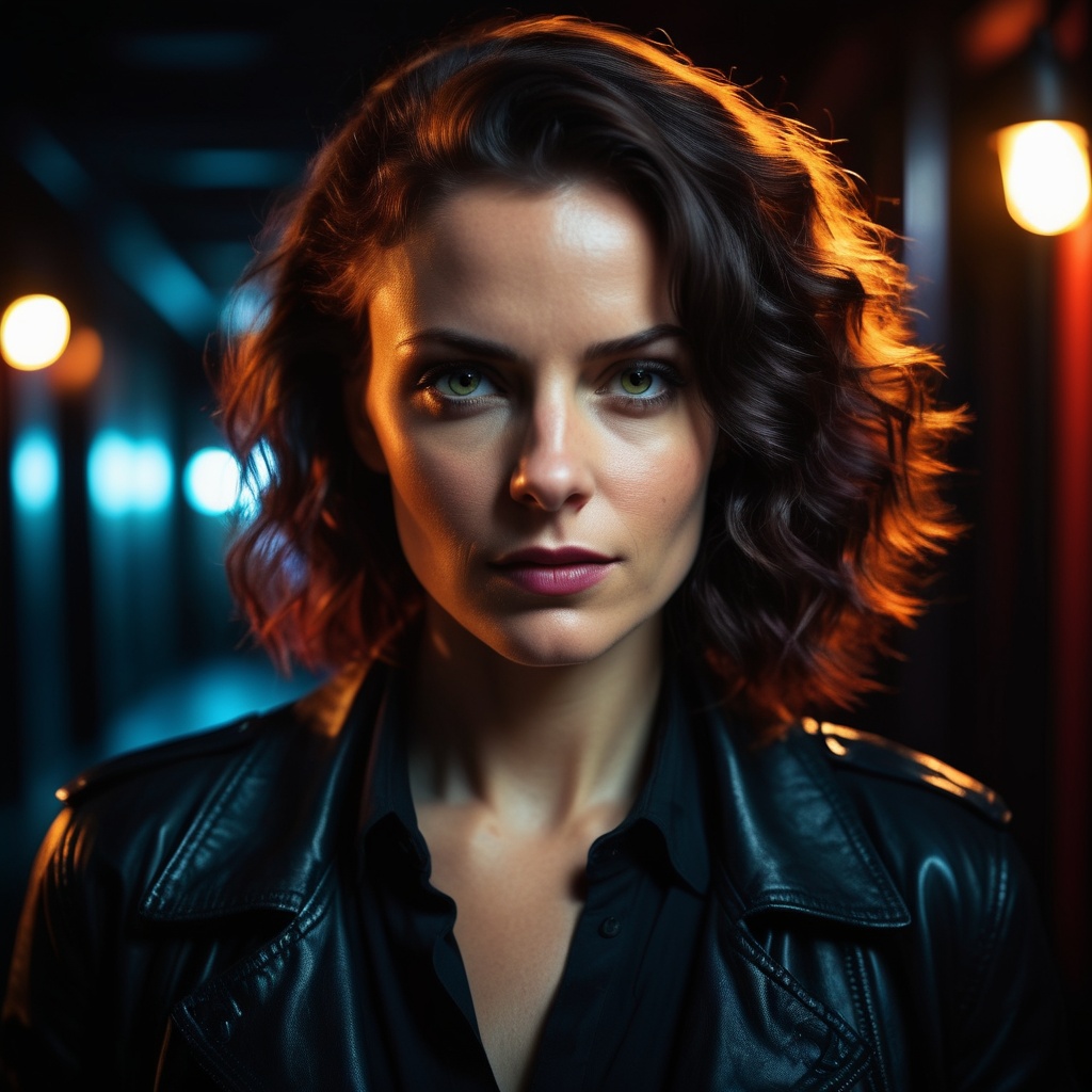 cinematic moviemaker style,  portrait photography of a woman in a noir movie. Looking at the camera high contrast,  high d...