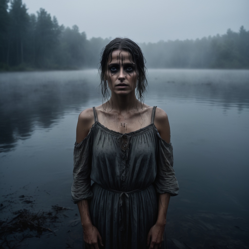 cinematic moviemaker style,  The frightening La Yorona with black eyes on her shoulder stands in a dark lake. Mist. Rain....