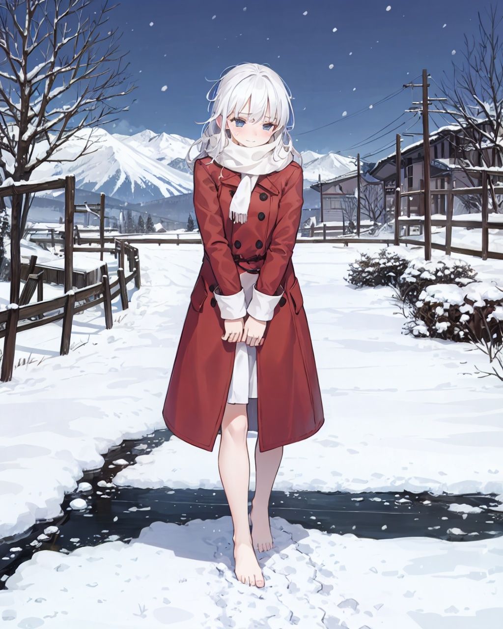 In the snow all over the sky, a girl walking alone in the snow, wearing red thin trench coat, with a white scarf, Bare legs, bare feet, Holding her body tightly,her head bowed, her eyes closed, her mouth pressed together, and she was about to cry, Long white hair blows in the wind, The detailed and beautiful face was depressed,step by step, behind is a series of footprints, the snow is very big, the biting wind blowing her scarf, the distance is unbroken snow mountains, in this evening, helpless forward.<lora:kl-通用风景优化-V3:0.6>