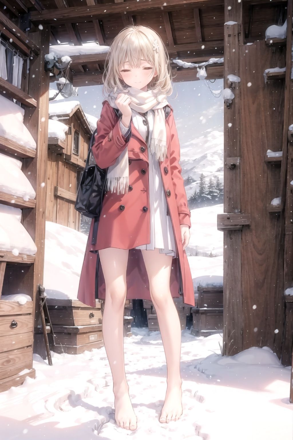  In the snow all over the sky, a girl walking alone in the snow, wearing red thin trench coat, with a white scarf, Bare legs, bare feet, Holding her body tightly,her head bowed, her eyes closed, her mouth pressed together, and she was about to cry, Long white hair blows in the wind, The detailed and beautiful face was depressed,step by step, behind is a series of footprints, the snow is very big, the biting wind blowing her scarf, the distance is unbroken snow mountains, in this evening, helplessforward.