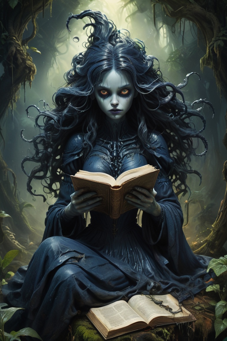 Reimagine a sinister spooky looking Rupenzel with long swirling hairs sitting in a rainforest with a witches spell book,...