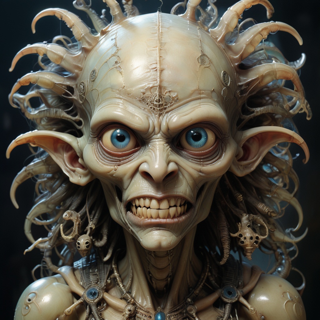 brian froud Simon Bisley Jean - Baptiste Monge H.R. Giger symmetry portrait of an EGYPTIAN alien humanoid,  sinister expre...