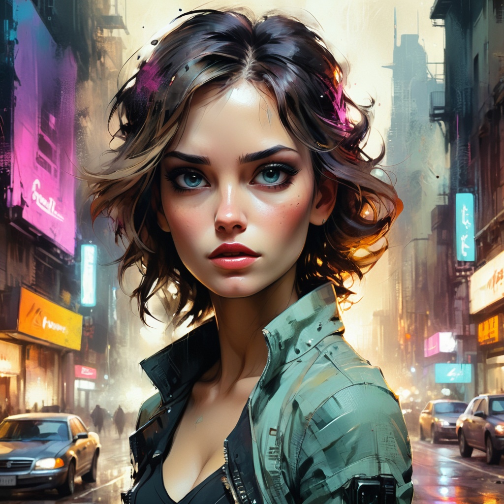 pretty woman in the street of sci-fi city,  Russ Mills has created a stunning and elegant digital painting in a vintage st...