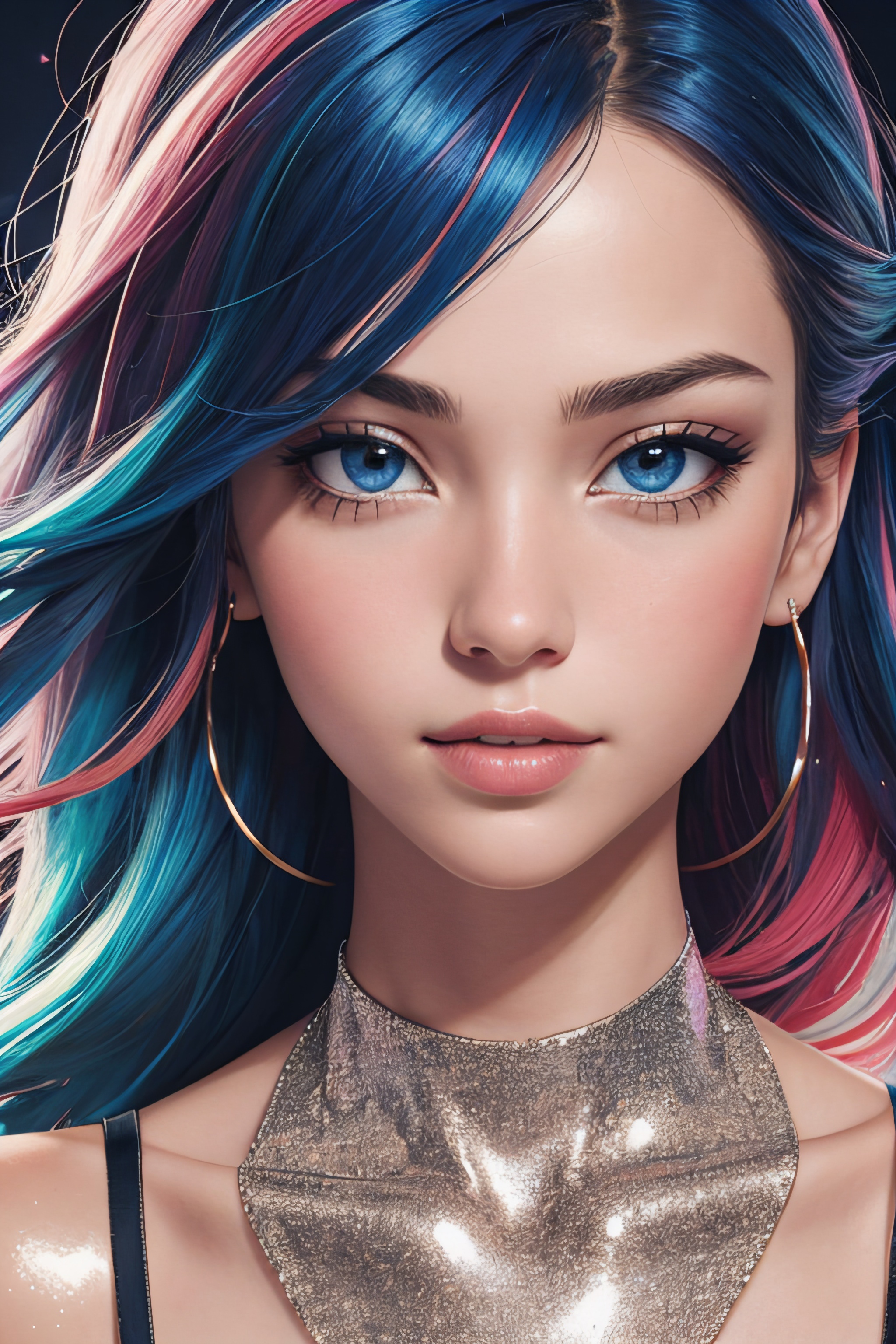 1girl, glitter, high_resolution, detailed, portrait, shiny skin, multicolor, 