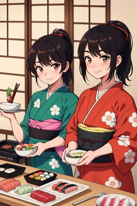 2girls,  multiple girls,  black hair on Tensor.Art
