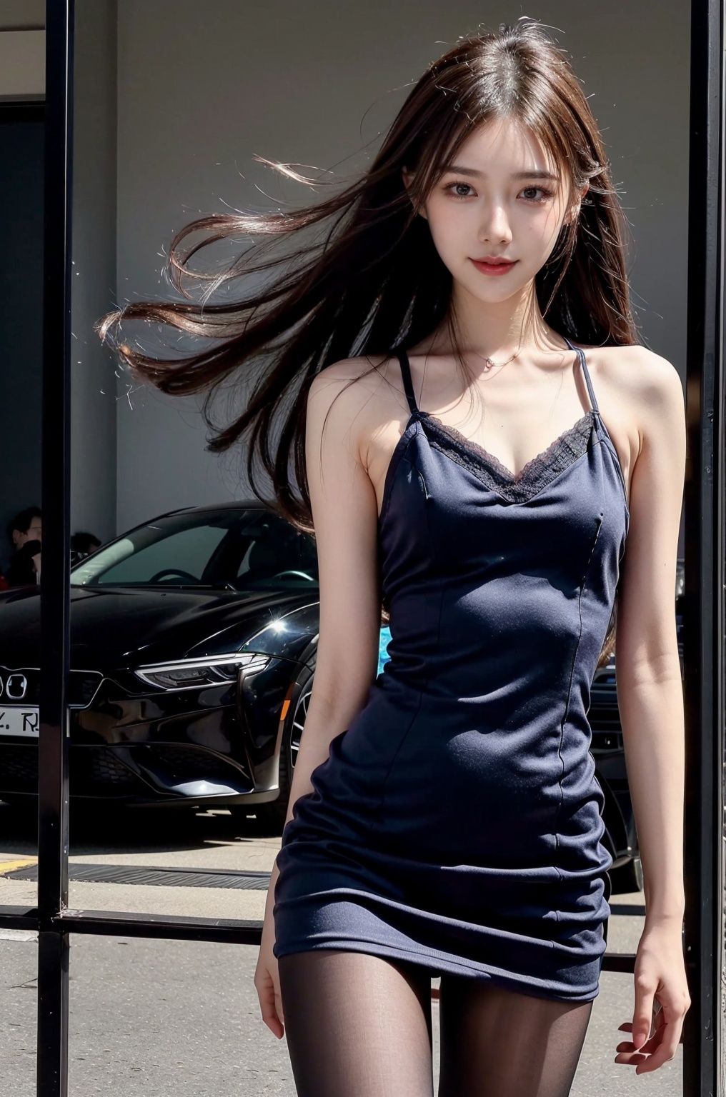  (Good structure), HDR, UHD, 8K, A real person, Highly detailed, best quality, masterpiece, 1girl, realistic, Highly detailed, (EOS R8, 50mm, F1.2, 8K, RAW photo:1.2), ultra realistic 8k, (best illumination, best shadow, extremely delicate and beautiful), (official art, beautiful and aesthetic:1.2), solo, 1girl, , Wind, flowing hair, kind smile, , pose for picture, Dynamic pose, looking_at_viewer, , perfect body
,dalongshu,sports car,blue dress,lace,pantyhose