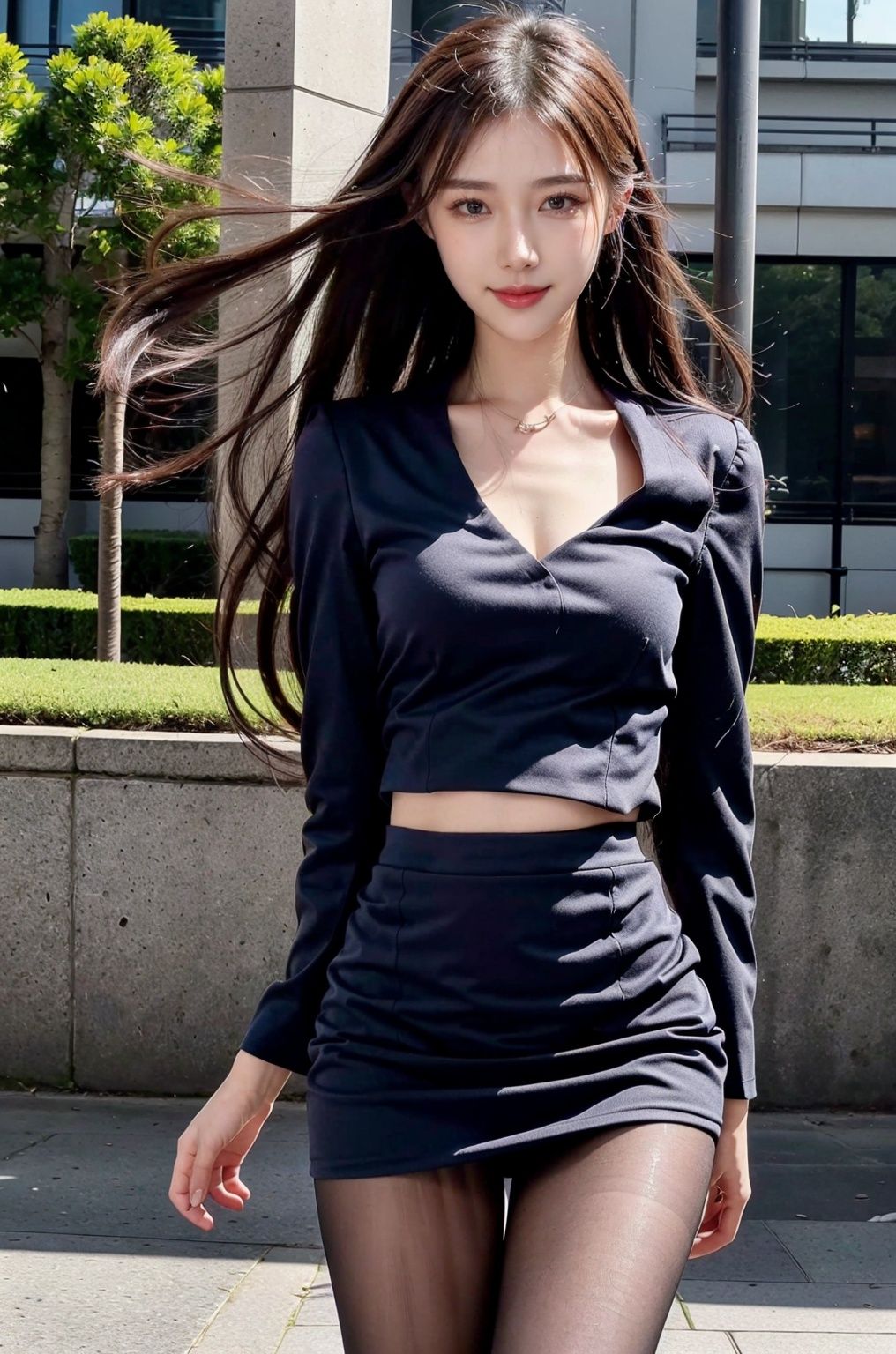  (Good structure), HDR, UHD, 8K, A real person, Highly detailed, best quality, masterpiece, 1girl, realistic, Highly detailed, (EOS R8, 50mm, F1.2, 8K, RAW photo:1.2), ultra realistic 8k, (best illumination, best shadow, extremely delicate and beautiful), (official art, beautiful and aesthetic:1.2), solo, 1girl, , Wind, flowing hair, kind smile, , pose for picture, Dynamic pose, looking_at_viewer, , perfect body
,dalongshu,skirt suit,,pantyhose