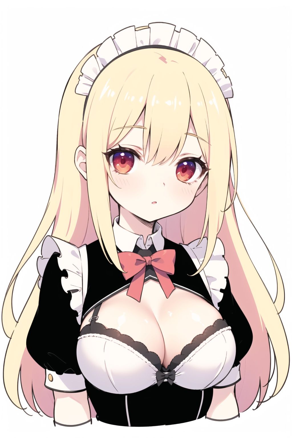 cleavage, large breasts, bra peek, scales, big breasts, red eyes, expressionless, blonde hair, white_background, victorian maid dress, upper_body, close-up, long hair, portrait, (looking at viewer:1.2)