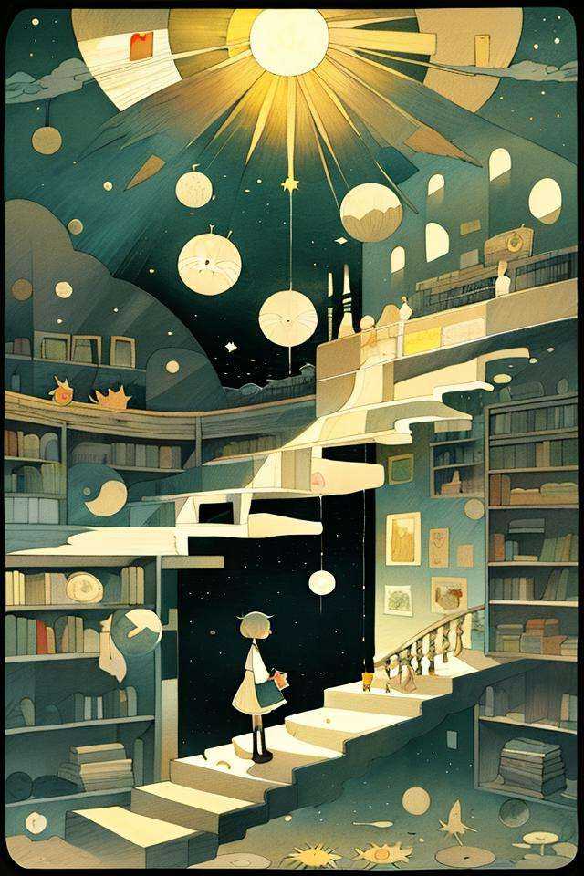 masterpiece,best quality,(sun:1.3),(morning:1.3),childbook,card,<lora:childbook20230605:1.2>,moon,2d,1girl,standing,full body,child drawing,in the same plane,surreal,bookshelf,