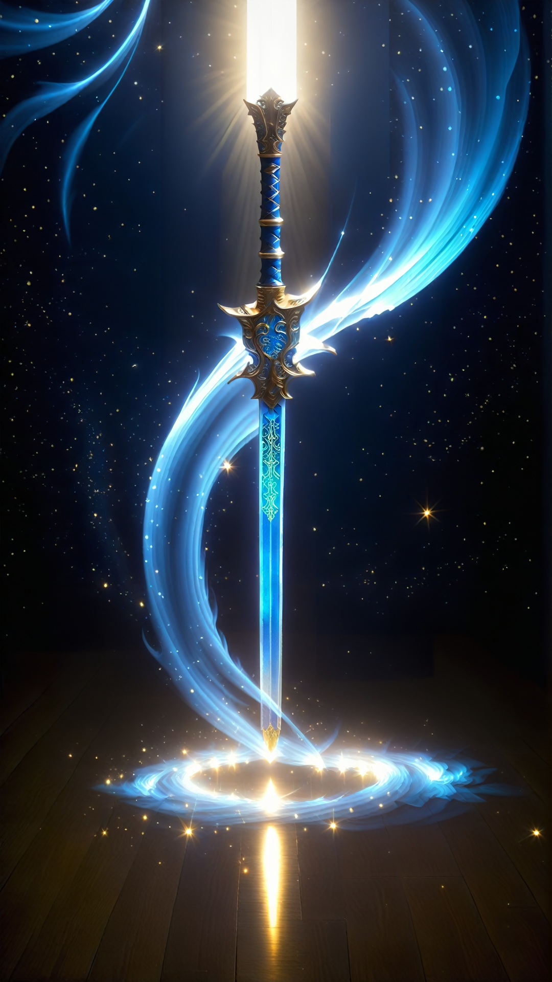 (Dao pattern) (Special effects) (Suspended energy lines at night) (Transparent art) (Dark night) A swordsman dances under the stars with a sword in his hand. The sword light was like a bright galaxy, leaving a blue stream of light every time it was swung. The swordsman and the starry sky complement each other, as if he is talking to the stars