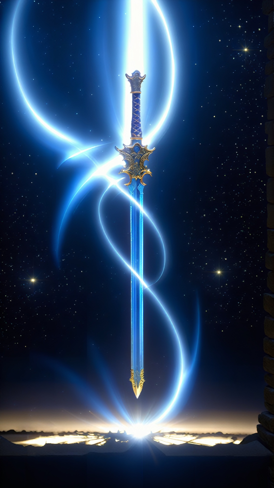 (Dao pattern) (Special effects) (Suspended energy lines at night) (Transparent art) (Dark night) A swordsman dances under the stars with a sword in his hand. The sword light was like a bright galaxy, leaving a blue stream of light every time it was swung. The swordsman and the starry sky complement each other, as if he is talking to the stars