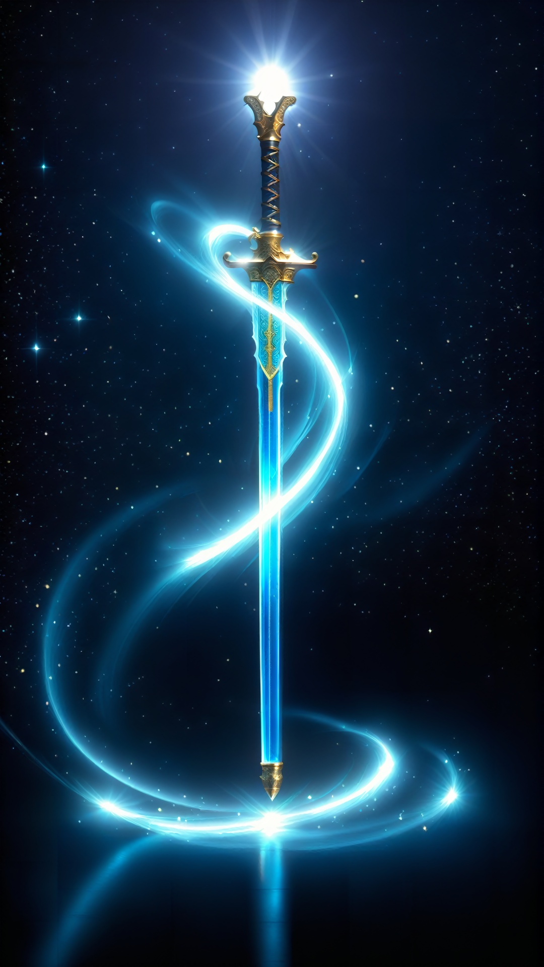 (Dao pattern) (Special effects) (Suspended energy lines at night) (Transparent art) (Dark night) A swordsman dances under the stars with a sword in his hand. The sword light was like a bright galaxy, leaving a blue stream of light every time it was swung. The swordsman and the starry sky complement each other, as if he is talking to the stars