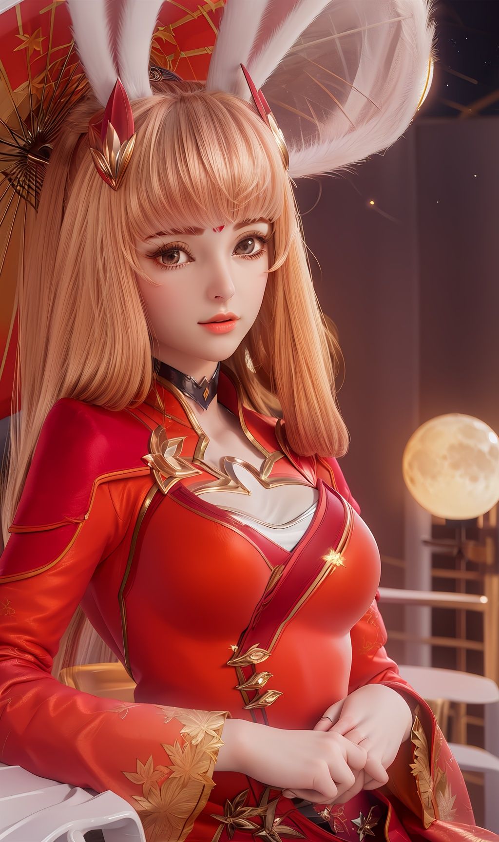 masterpiece,(best quality),(3d)official art, extremely detailed cg 8k wallpaper,((crystalstexture skin)), (extremely delicate and beautiful),highly detailed,1girl,solo,long hair,headwear,(sitting,sit down),(blonde hair),(looking at the audience:1.3),(Facing the camera:1.3),(dress,chinese_clothes),(animal_ears), (rabbit_ears),(holding umbrella),(Outdoor, night,moon),((looking_at_viewer)), (medium breasts), (upper body), <lora:hipoly3DModelLora_v10:0.3>