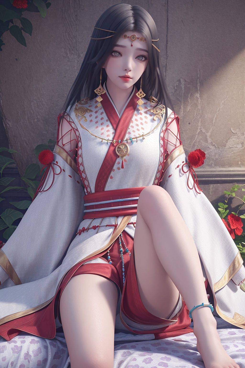 (8k, RAW photo, best quality, masterpiece:1.2),(realistic, photorealistic:1.3), ultra-detailed, extremely detailed cg 8k wallpaper,(crystalstexture skin:1.2), extremely delicate and beautiful,looking at viewer,bed, 1girl,solo, long hair, black hair, sitting, anklet,spread legs, bracelet, 