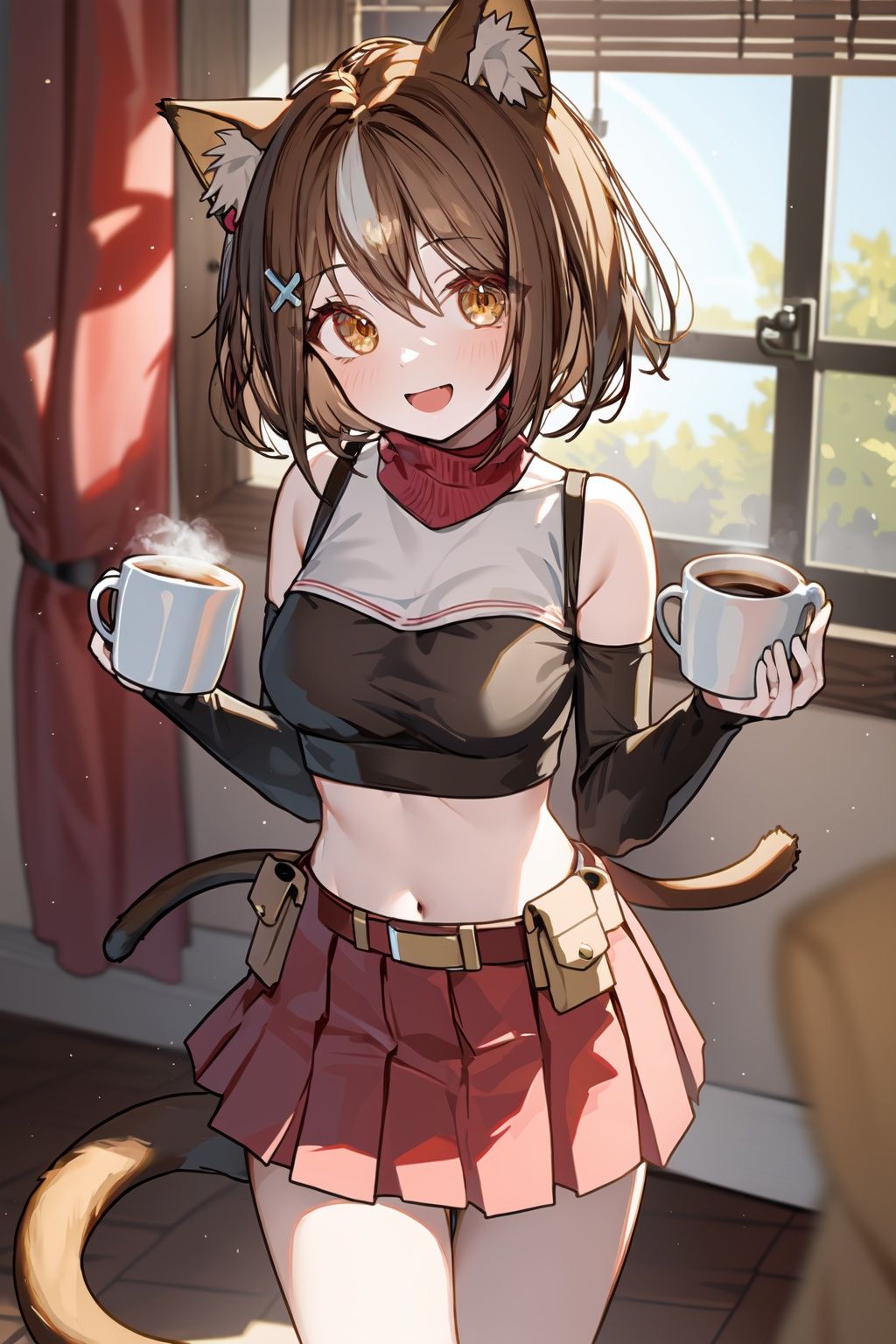  detailed eyes, 1girl, animal ears, cup, brown hair, skirt, navel, tail, mug, looking at viewer, cat ears, smile, holding, midriff, breasts, brown eyes, cat tail, holding cup, open mouth, coffee, short hair, pleated skirt, coffee mug, window, cat girl, belt, crop top, animal ear fluff, pouch, :d, solo focus, hair ornament, virtual youtuber, miniskirt, curtains, blush, medium breasts, indoors, detached sleeves, cowboy shot, bare shoulders, red skirt, belt pouch, pov, standing