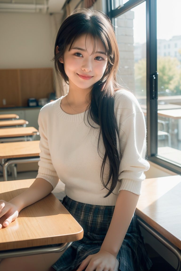 A masterpiece capturing the beauty of a high school girl in the best quality and ultra high resolution. The detailed description focuses on specific image details, showcasing the girl's youthful charm, radiant smile, and stylish attire. The scene is set in a typical high school classroom, with students engaged in learning activities in the background. The atmosphere exudes a sense of youthful energy and optimism, creating a warm and inviting ambiance. The photography employs professional techniques, utilizing creative angles and compositions to highlight the girl's natural beauty and confidence.