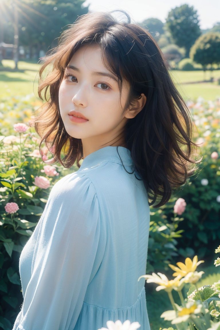  Masterpiece, best quality, ultra high res. A girl with curly hair in a vibrant outdoor setting. She stands in a lush field of colorful flowers, the sunlight gently illuminating her face. The wind softly tousles her curls, adding movement and life to the image. The camera captures her from a low angle, emphasizing her natural beauty and confident expression.





