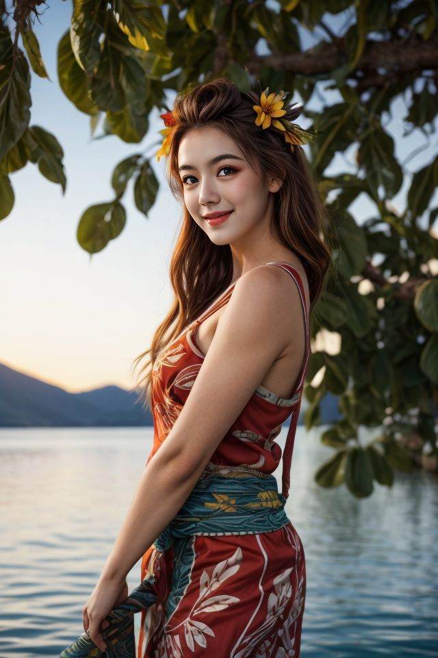 ((In a Polynesian Tapa) cloth dress the outfit made from the bark of a mulberry tree displays traditional patterns. The an...