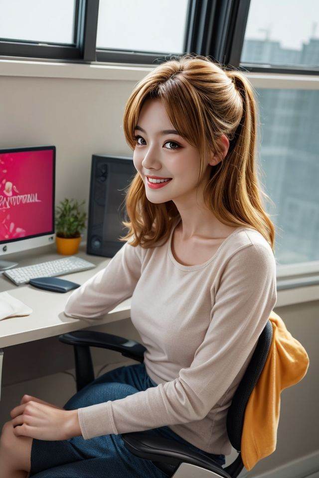 medium length blonde hair,  hair flowing in the wind,  (vibrant vivid colors) (office on Tensor.Art