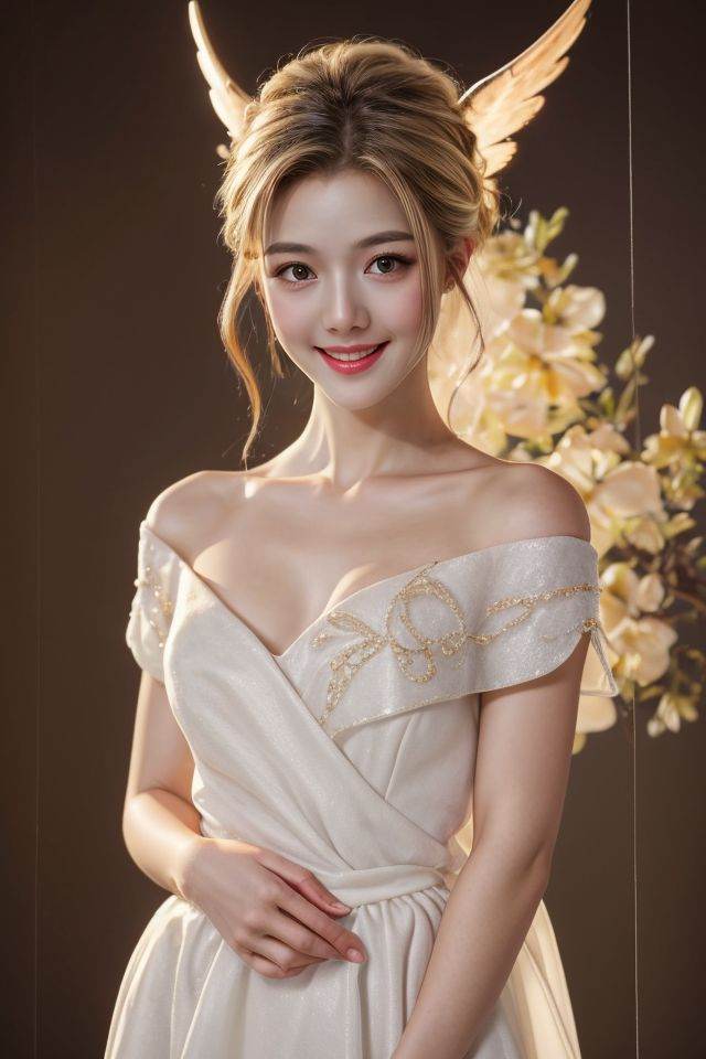 a photorealistic photo of a graceful female angel clothed in glittering,  perfect wings,  symmetrical wings on Tensor.Art