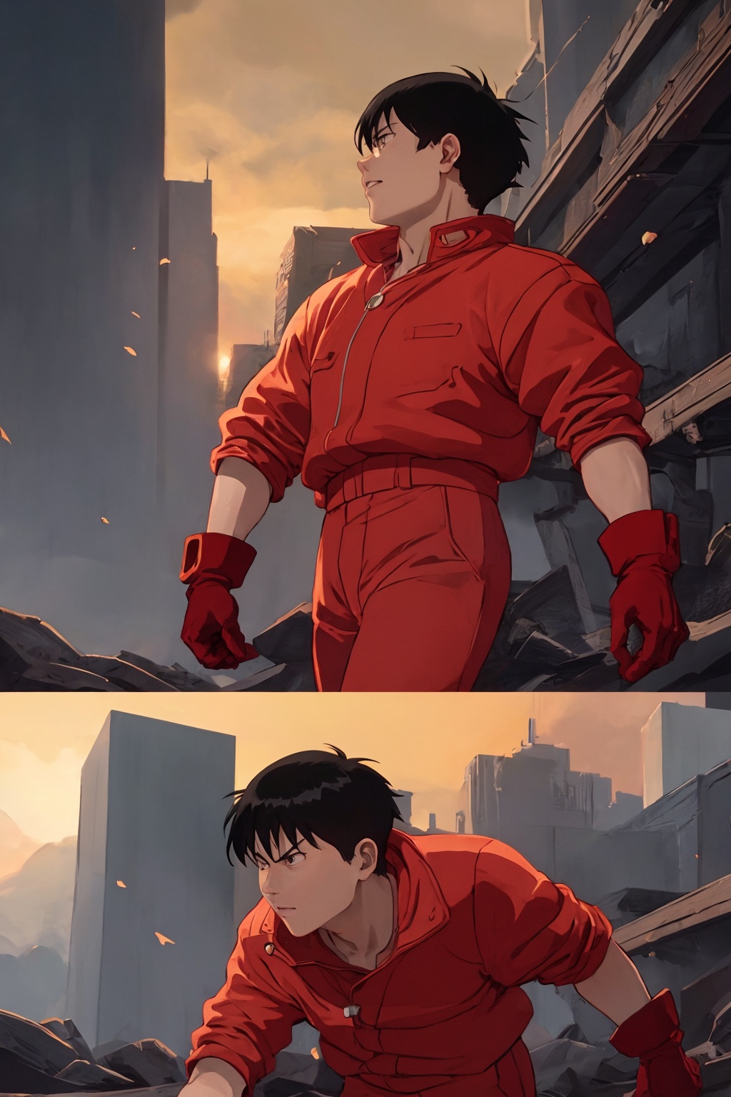 kaneda from akira in battle movie scenes,  red clothing,  gloves on Tensor.Art