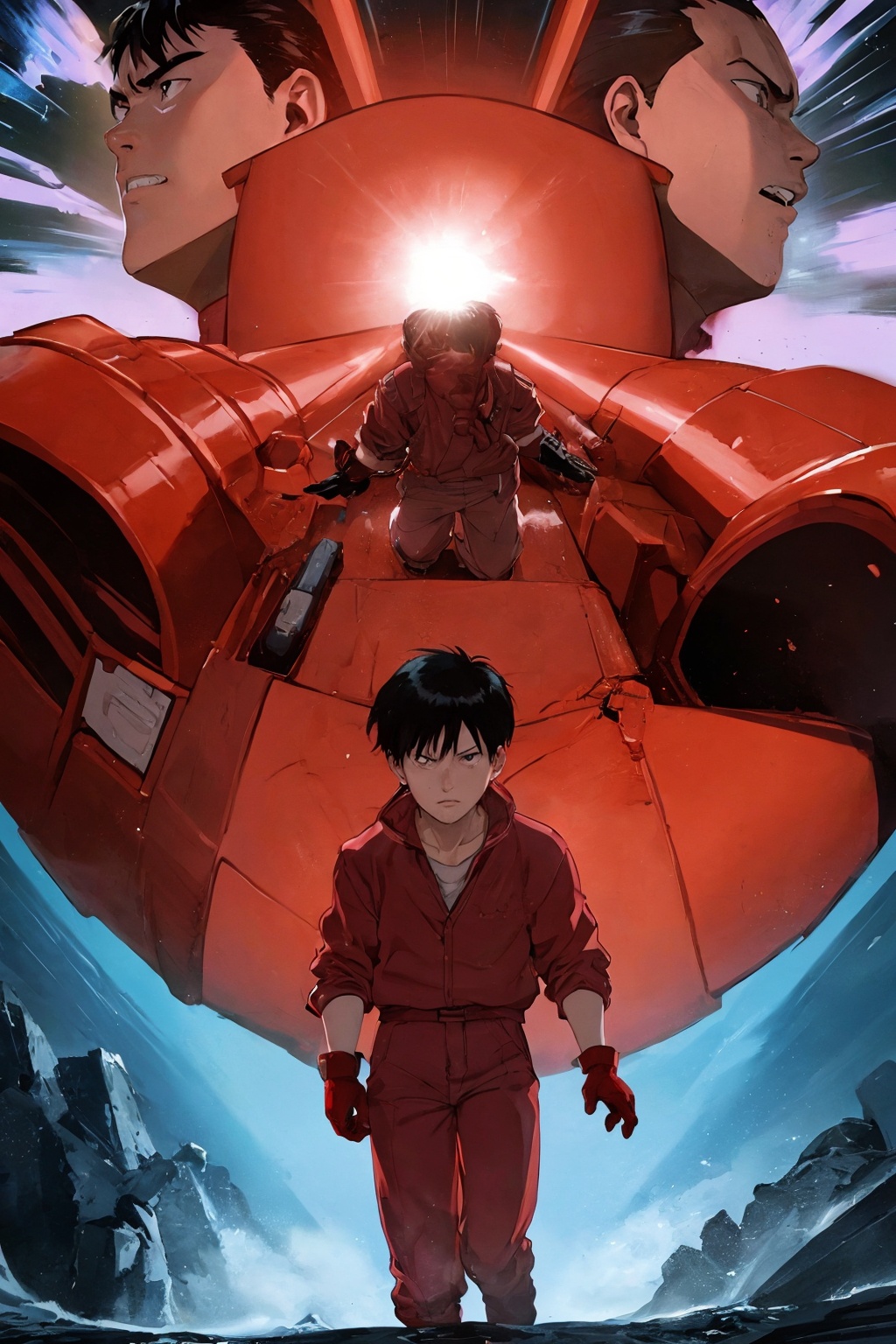 kaneda from akira in battle movie scenes,  red clothing,  gloves on Tensor.Art