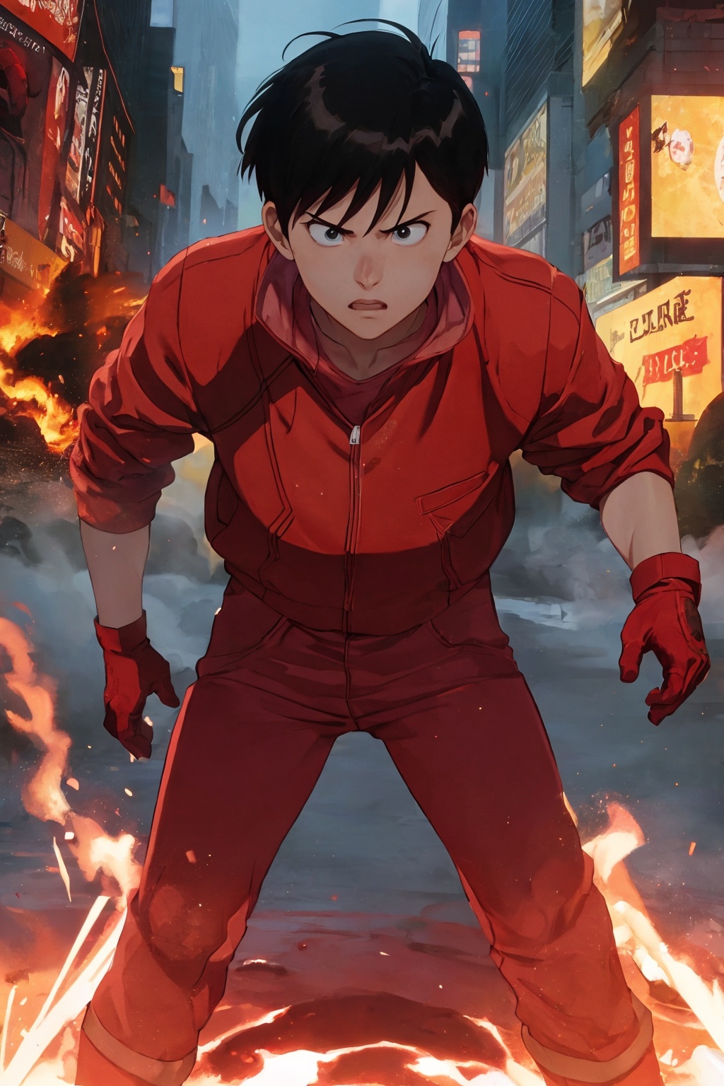 kaneda from akira in battle movie scene,  red clothing,  gloves on Tensor.Art