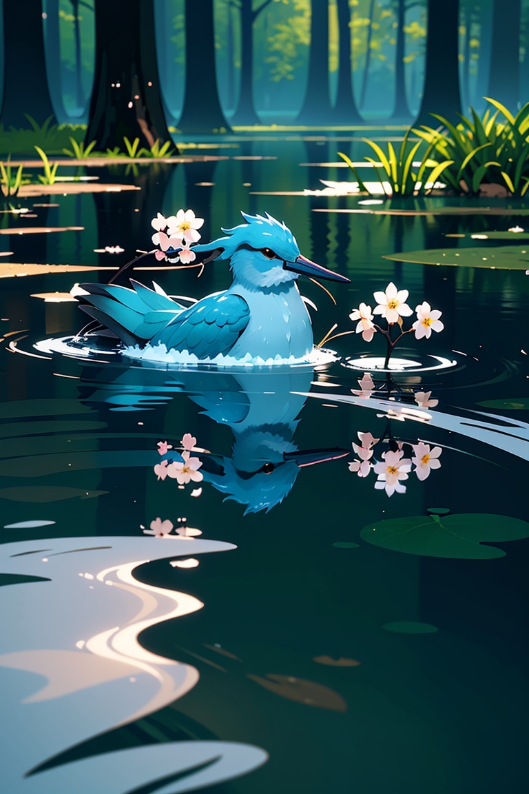 shadow flat vector art,  superb kingfisher,  white cherry flowers by Ai Art Vision on Tensor.Art