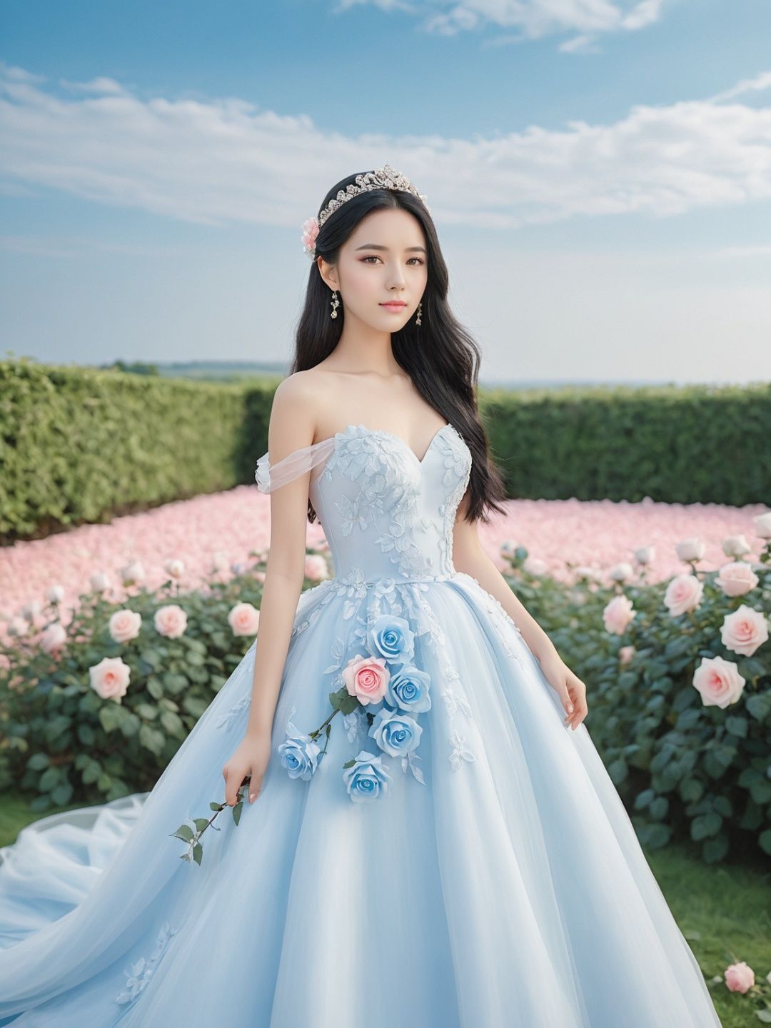  masterpiece,1 girl,22 years old,Look at me,Exquisite makeup,Black hair,Long hair,Pink wedding dress,Outdoor,Light blue sky,Clouds,Garden,Stand,In the middle of the picture,Whole body,Plenty of roses,textured skin,super detail,best quality,,