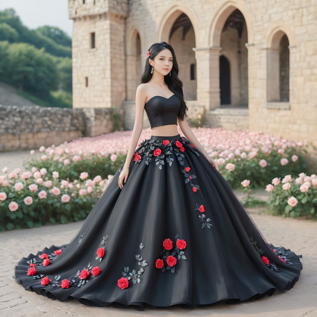  masterpiece,1 girl,cute,sweet,Look at me,Long hair,Black hair,grace,Whole body,Skirt,A dream scene,Castle,Petal,Black wedding dress,Roses on the skirt,Rose skirt,Outdoor,textured skin,super detail,best quality,,